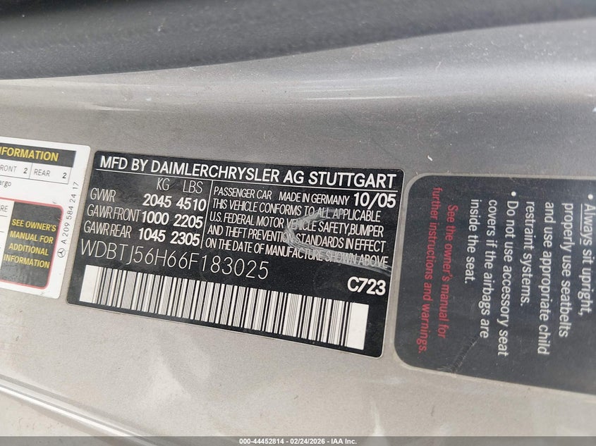 2006 Mercedes-Benz Clk 350 VIN: WDBTJ56H66F183025 Lot: 44452814