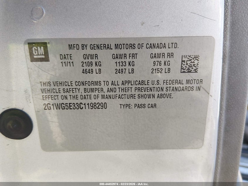 2012 Chevrolet Impala 3.6 Lt silver Lot 111044452974 Vin 2G1WG5E33C1198290