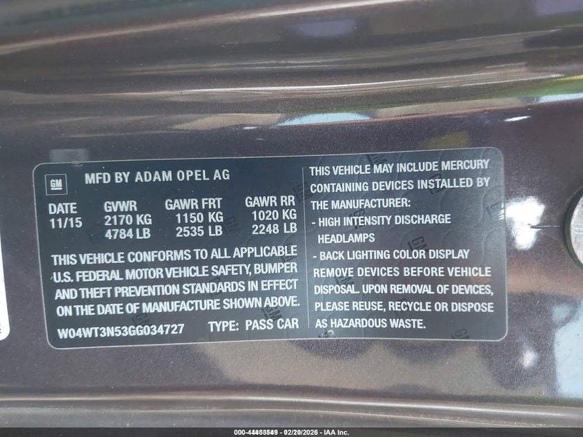 2016 Buick Cascada Premium VIN: W04WT3N53GG034727 Lot: 44453549