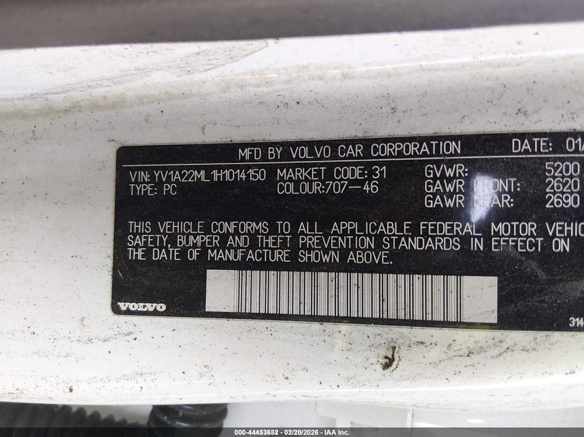 2017 Volvo S90 T6 Inscription VIN: YV1A22ML1H1014150 Lot: 44453632