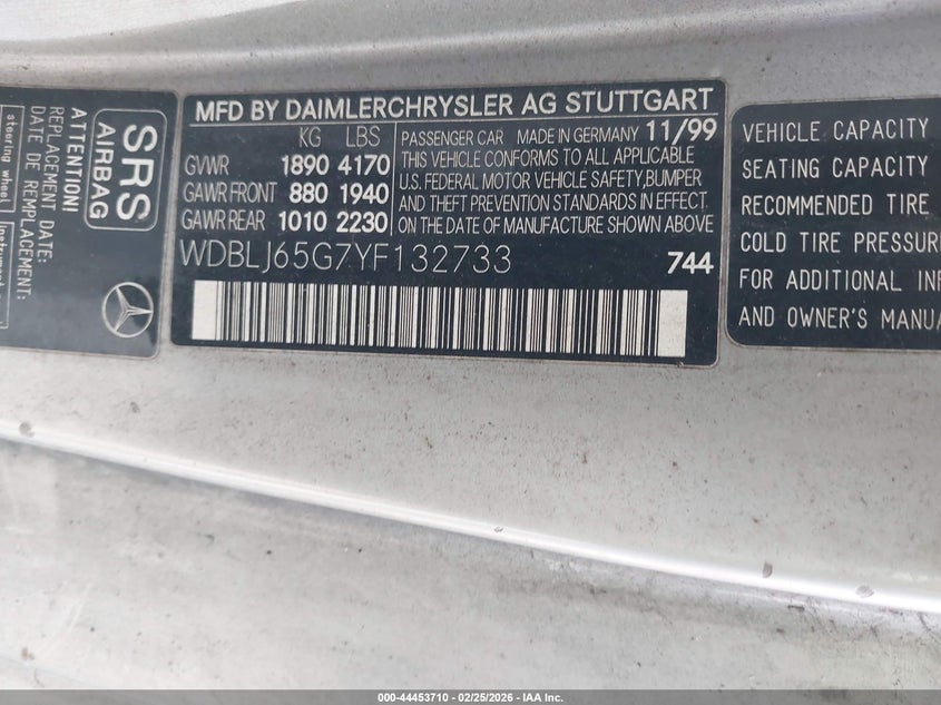 2000 Mercedes-Benz Clk 320 VIN: WDBLJ65G7YF132733 Lot: 44453710