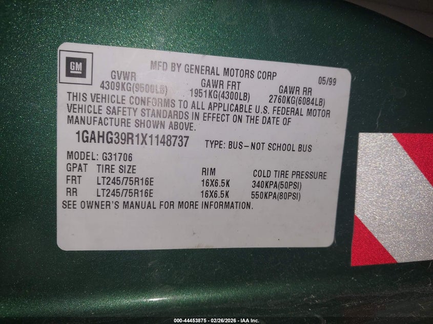 1999 Chevrolet Express VIN: 1GAHG39R1X1148737 Lot: 44453875