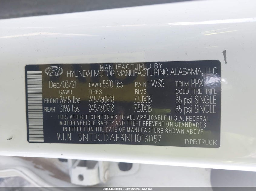 2022 Hyundai Santa Cruz Sel VIN: 5NTJCDAE3NH013057 Lot: 44453940