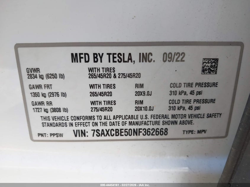 2022 Tesla Model X Dual Motor All-Wheel Drive VIN: 7SAXCBE50NF362668 Lot: 44454161