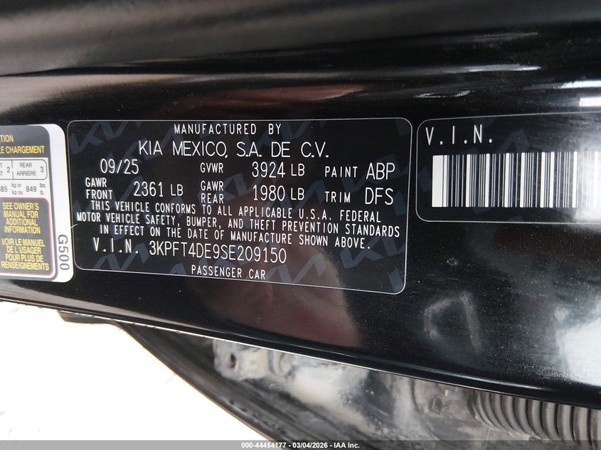 2025 Kia K4 Lxs VIN: 3KPFT4DE9SE209150 Lot: 44454177