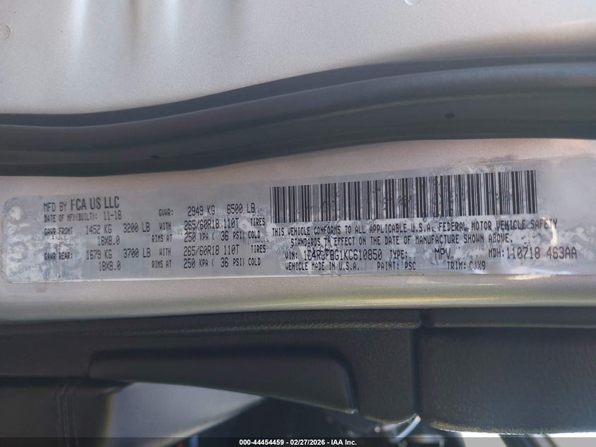 JEEP GRAND CHEROKEE 2019 VIN 1C4RJFBG1KC610850