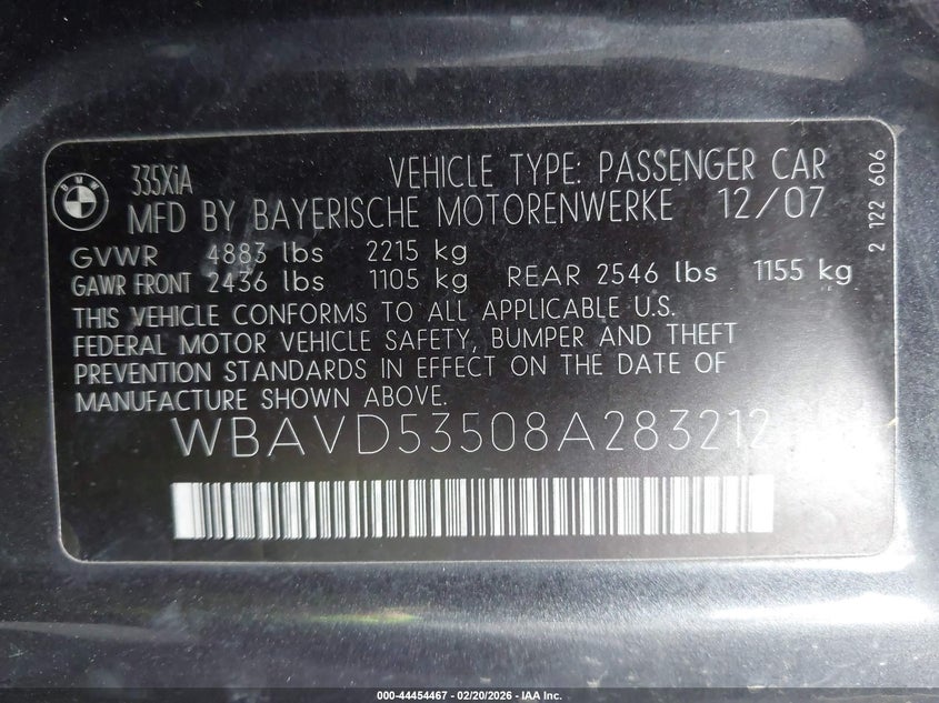 2008 BMW 335Xi VIN: WBAVD53508A283212 Lot: 44454467