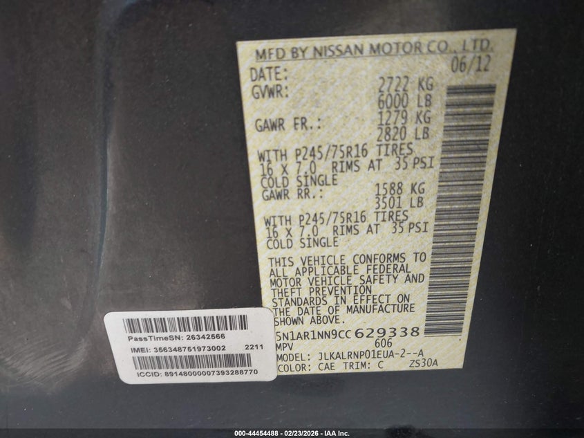 2012 Nissan Pathfinder 4.0 S black Lot 111044454488 Vin 5N1AR1NN9CC629338