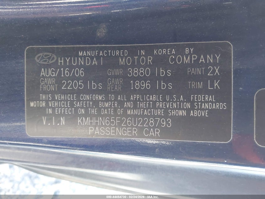 2006 Hyundai Tiburon Gt/Gt Limited/Se VIN: KMHHN65F26U228793 Lot: 44454730