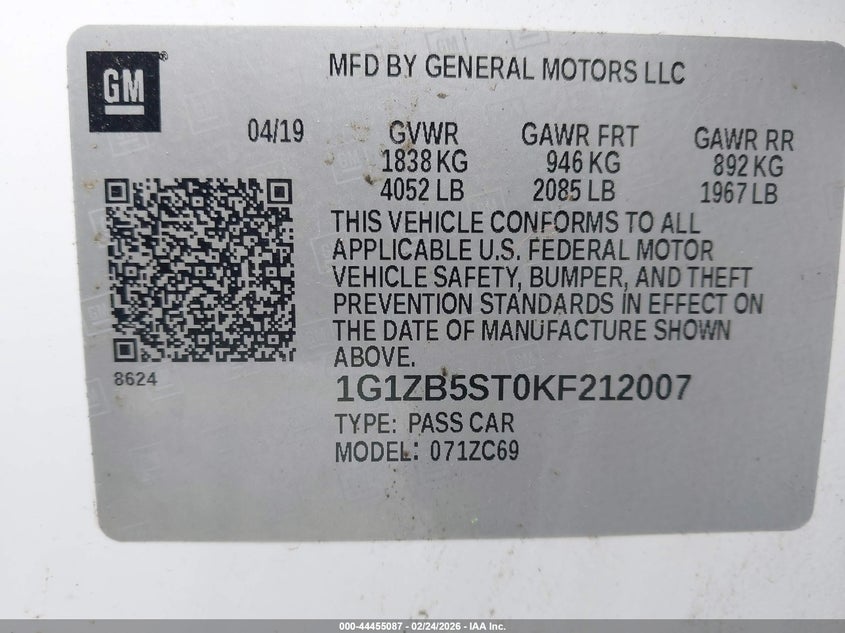 VIN 1G1ZB5ST0KF212007 2019 CHEVROLET MALIBU 1LS