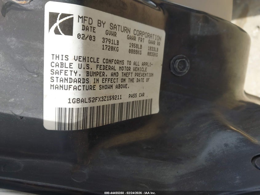 2003 Saturn Ion 3 VIN: 1G8AL52FX3Z159211 Lot: 44455350