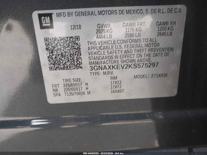 2019 Chevrolet Equinox Lt VIN: 3GNAXKEV2KS575297 Lot: 44455355