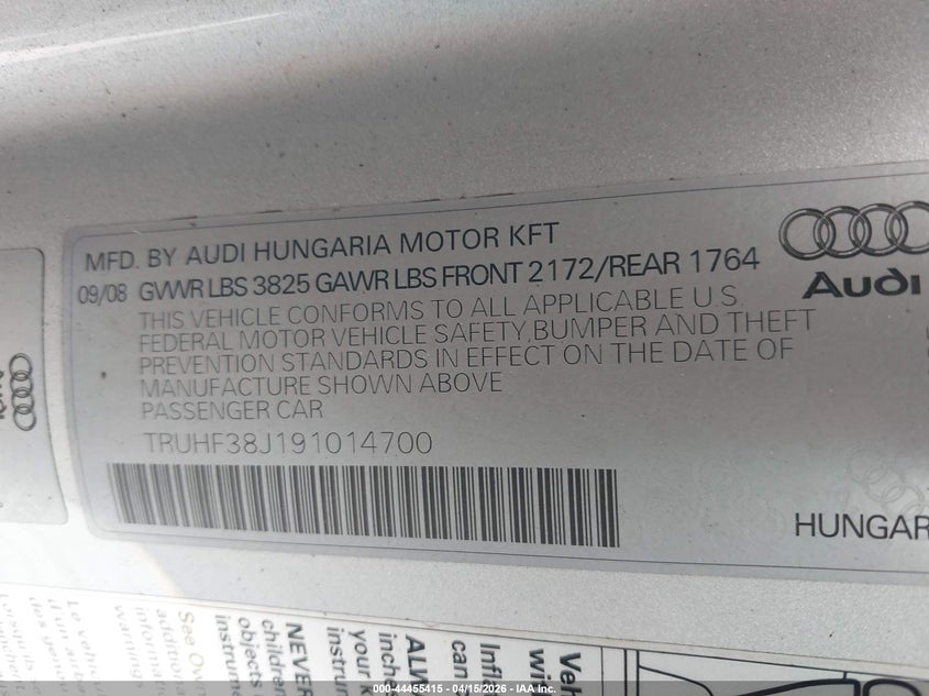 2009 Audi Tt 2.0T VIN: TRUHF38J191014700 Lot: 44455415