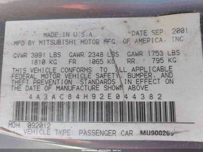 2002 Mitsubishi Eclipse Gt/Gt W/Premium Pkg VIN: 4A3AC84H92E044382 Lot: 44455939