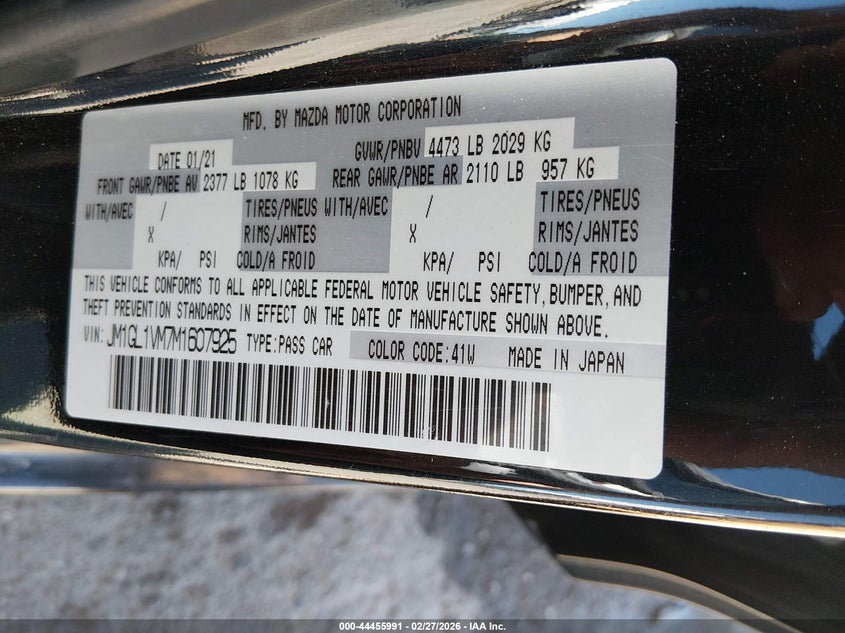 2021 Mazda Mazda6 Touring VIN: JM1GL1VM7M1607925 Lot: 44455991