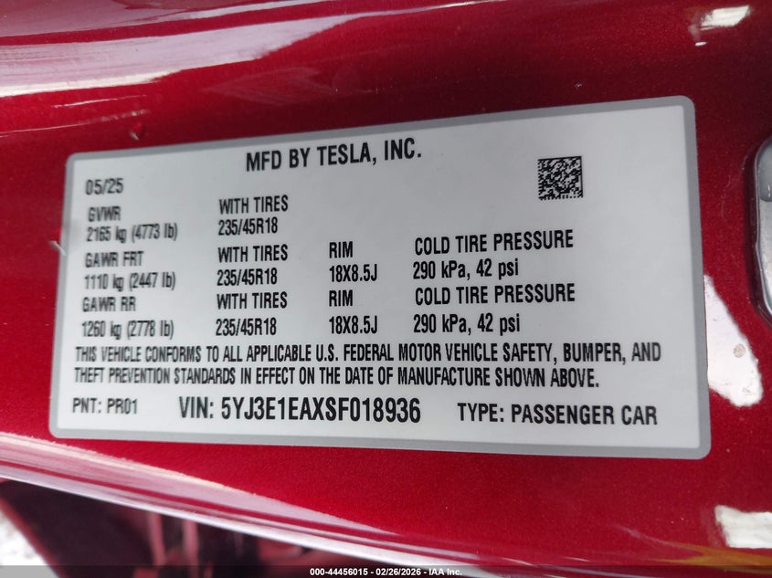 2025 Tesla Model 3 Long Range Rear-Wheel Drive/Standard Rear-Wheel Drive red Lot 111044456015 Vin 5YJ3E1EAXSF018936