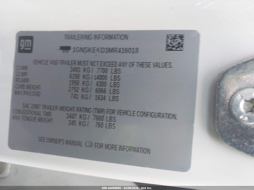 2021 Chevrolet Suburban 4Wd Rst VIN: 1GNSKEKD3MR416018 Lot: 44456090