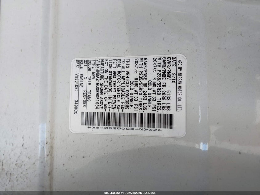 2011 Nissan Murano Le VIN: JN8AZ1MU0BW051984 Lot: 44456171