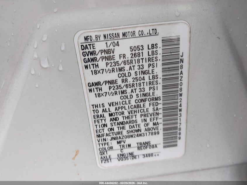 2004 Nissan Murano Sl VIN: JN8AZ08W24W317899 Lot: 44456202