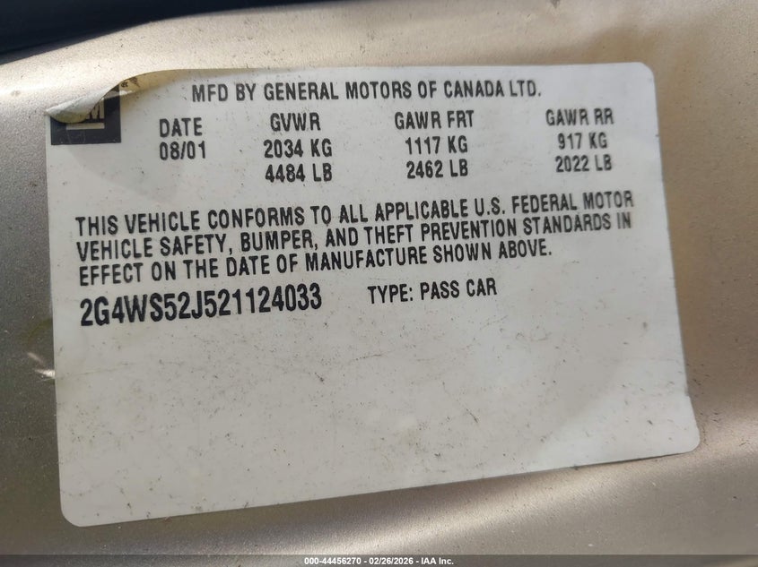 2002 Buick Century Custom VIN: 2G4WS52J521124033 Lot: 44456270