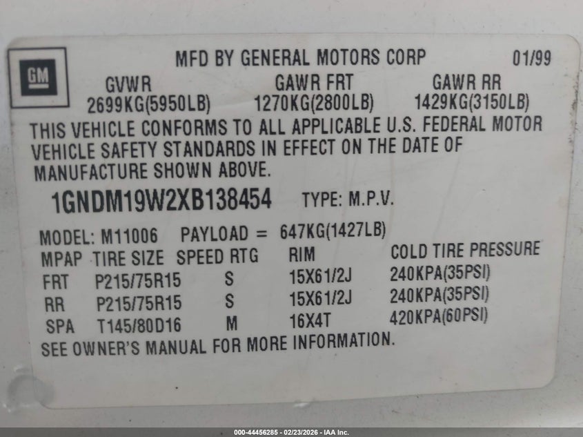 1999 Chevrolet Astro VIN: 1GNDM19W2XB138454 Lot: 44456285