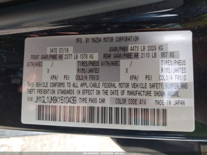 2019 Mazda Mazda6 Sport VIN: JM1GL1UM8K1510439 Lot: 44456306