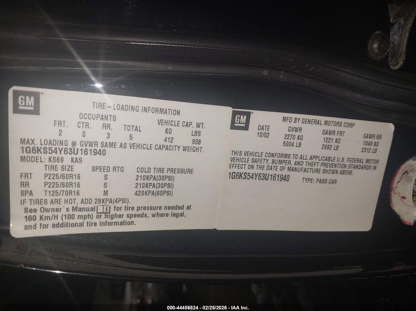 2003 Cadillac Seville Sls VIN: 1G6KS54Y63U161940 Lot: 44456524