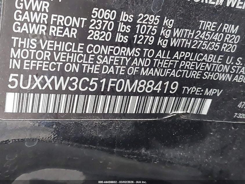 2015 BMW X4 xDrive28I VIN: 5UXXW3C51F0M88419 Lot: 44456602