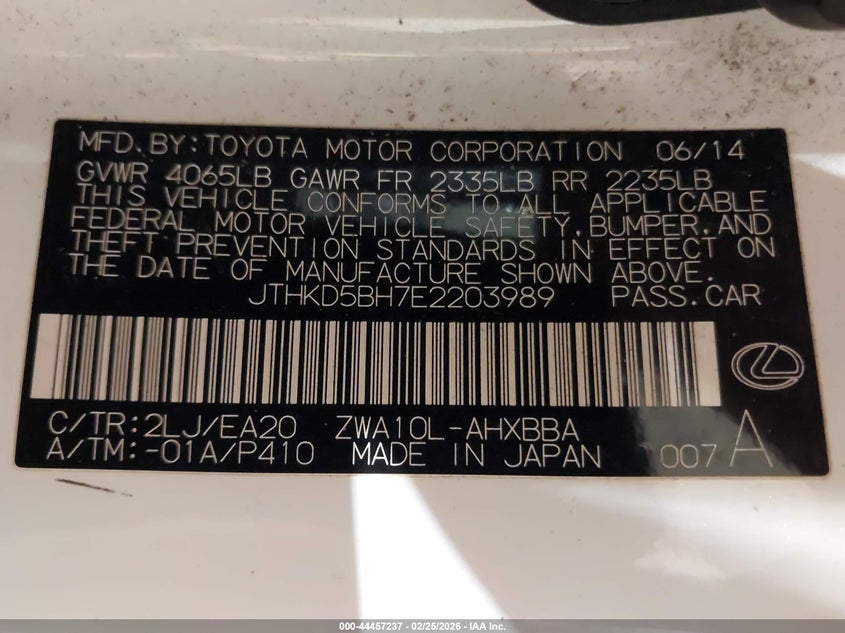 2014 Lexus Ct 200H VIN: JTHKD5BH7E2203989 Lot: 44457237