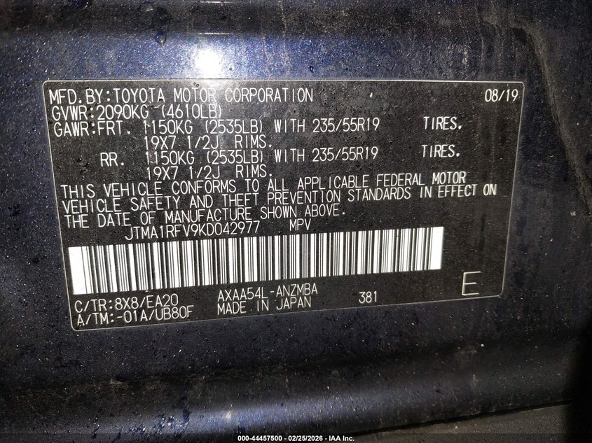 VIN JTMA1RFV9KD042977 2019 TOYOTA RAV4 XLE PREMIUM