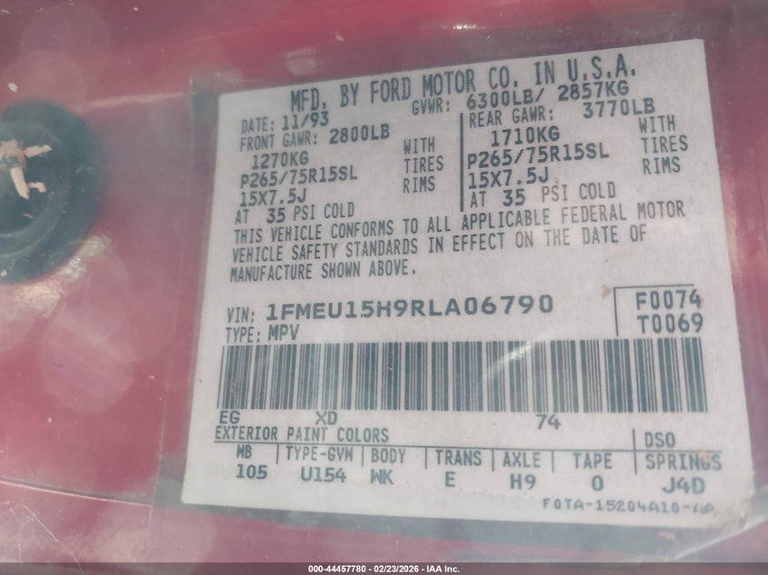 1994 Ford Bronco U100 VIN: 1FMEU15H9RLA06790 Lot: 44457780
