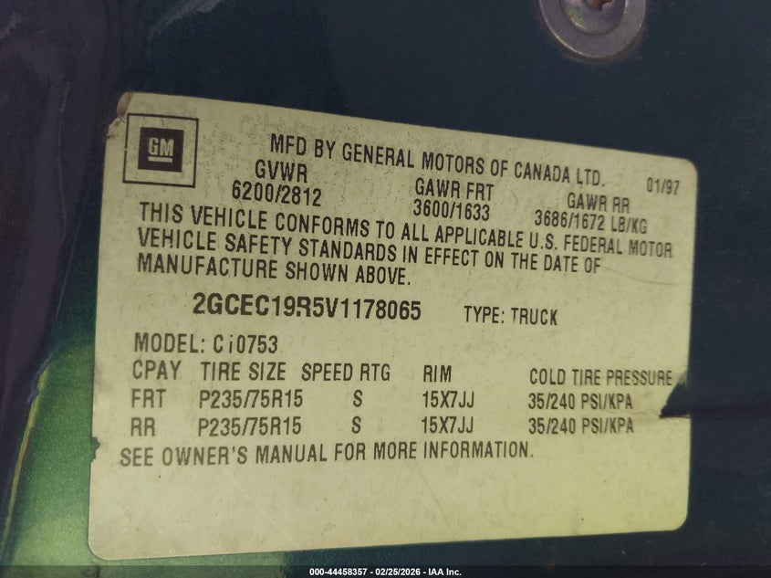 1997 Chevrolet C1500 Fleetside VIN: 2GCEC19R5V1178065 Lot: 44458357