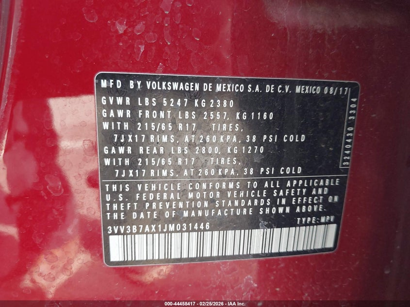 2018 Volkswagen Tiguan 2.0T Se/2.0T Sel VIN: 3VV3B7AX1JM031446 Lot: 44458417