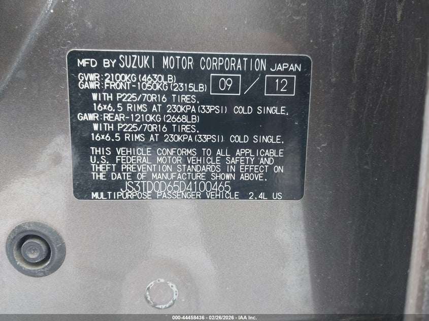 2013 Suzuki Grand Vitara Premium VIN: JS3TD0D65D4100465 Lot: 44458436