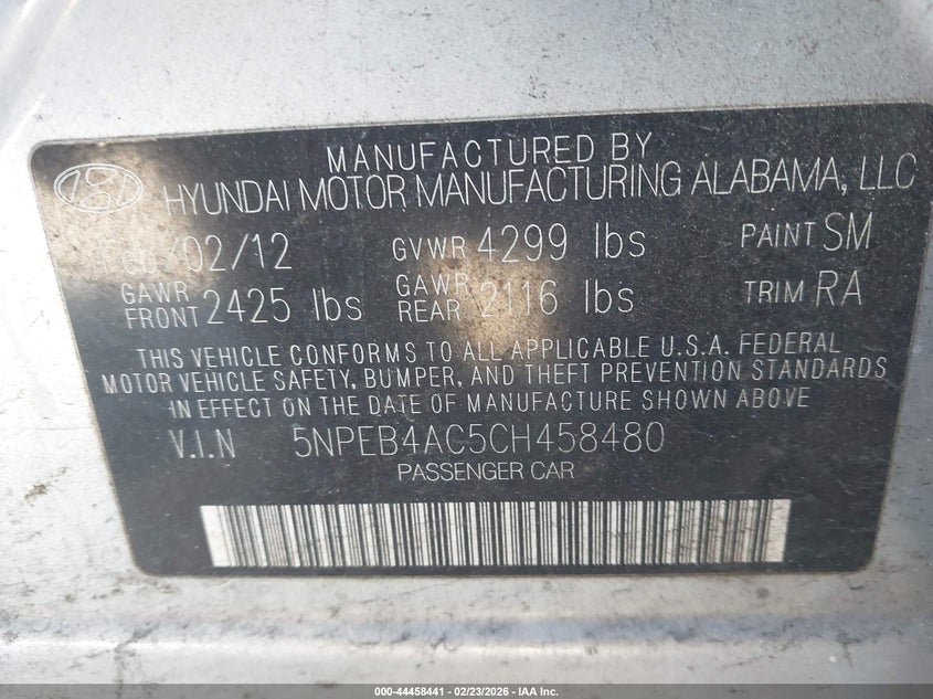 2012 Hyundai Sonata 2.4 Gls silver Lot 111044458441 Vin 5NPEB4AC5CH458480