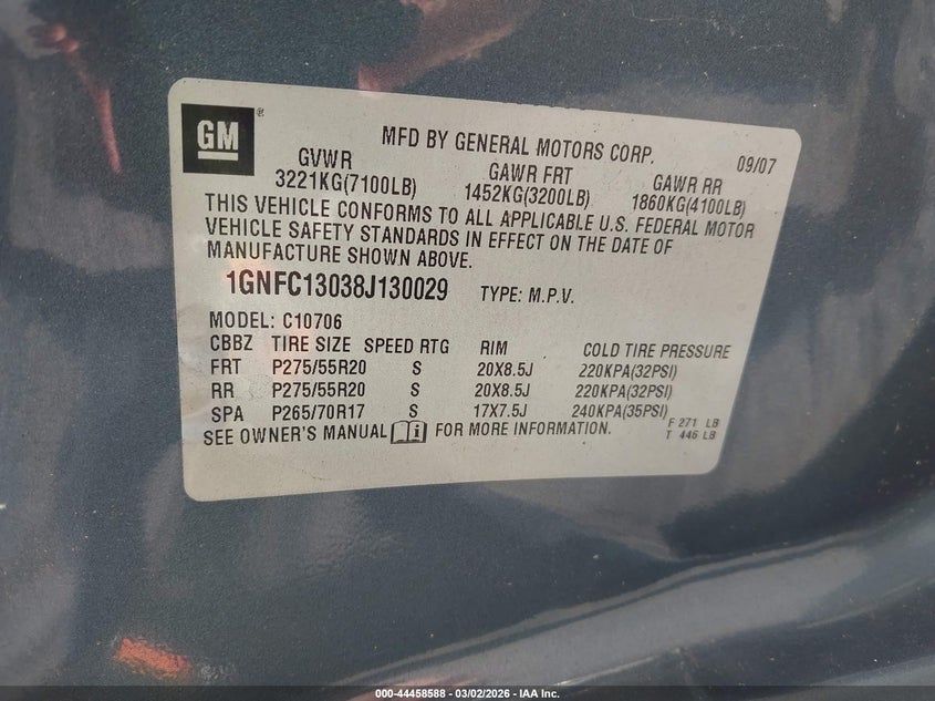 Auction sale of the 2008 CHEVROLET TAHOE , vin: 1GNFC13038J130029, lot number: 44458588