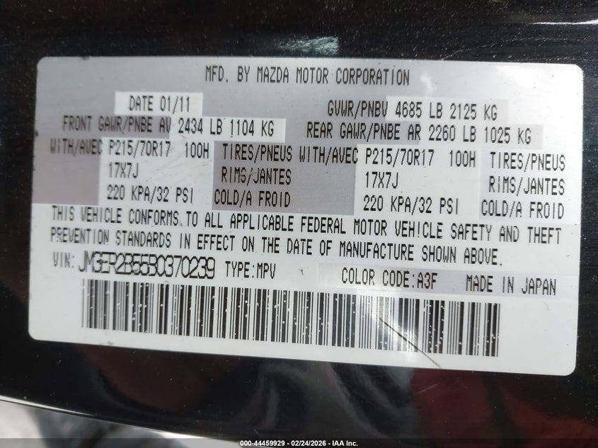 2011 Mazda Cx-7 I Sport VIN: JM3ER2B55B0370239 Lot: 44459929