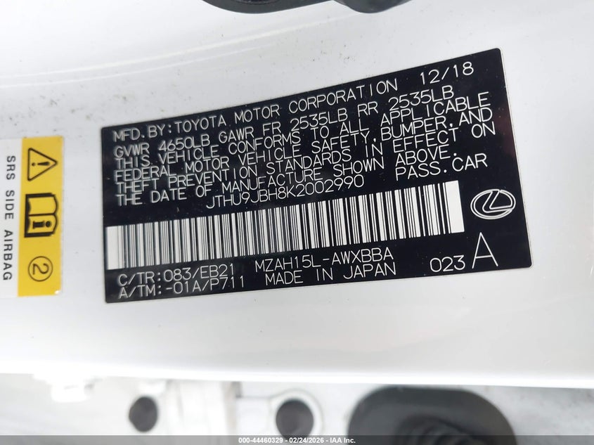 2019 Lexus Ux 250H F Sport VIN: JTHU9JBH8K2002990 Lot: 44460329