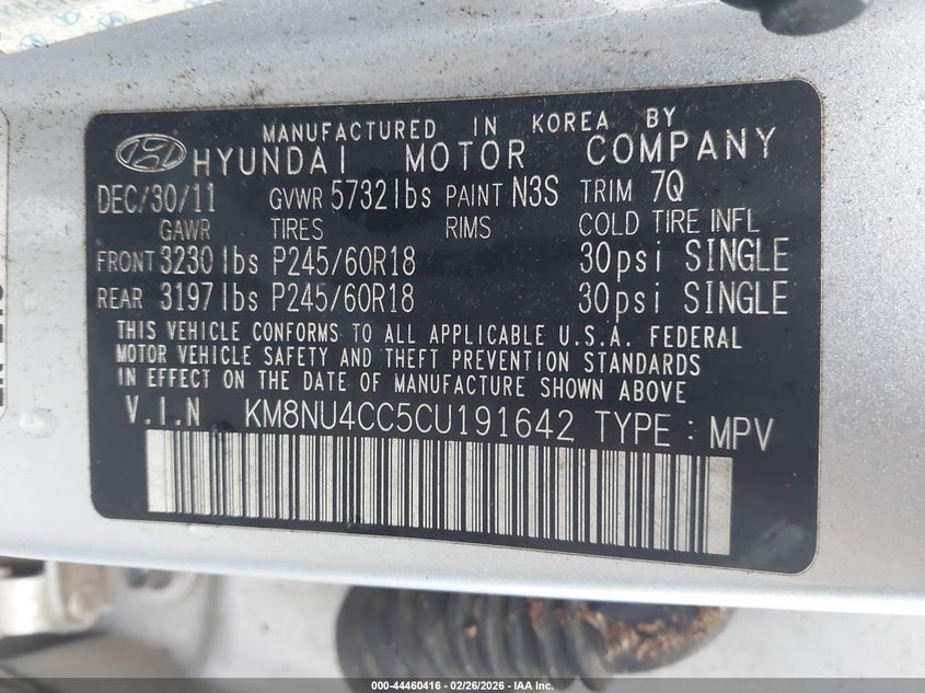 2012 Hyundai Veracruz Limited VIN: KM8NU4CC5CU191642 Lot: 44460416