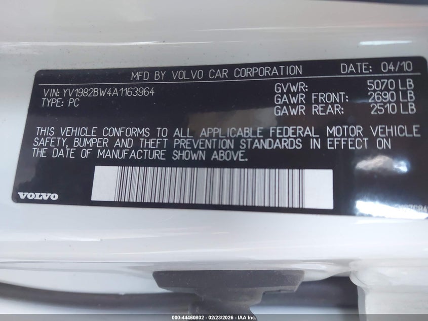 2010 Volvo V70 VIN: YV1982BW4A1163964 Lot: 44460802