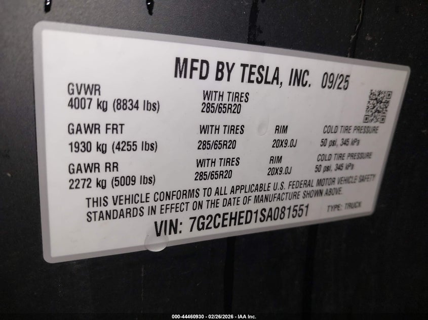 2025 Tesla Cybertruck All-Wheel Drive VIN: 7G2CEHED1SA081551 Lot: 44460930