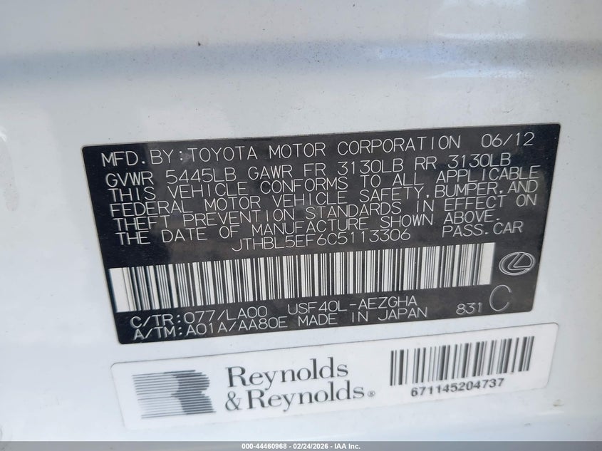 2012 Lexus Ls 460 VIN: JTHBL5EF6C5113306 Lot: 44460968