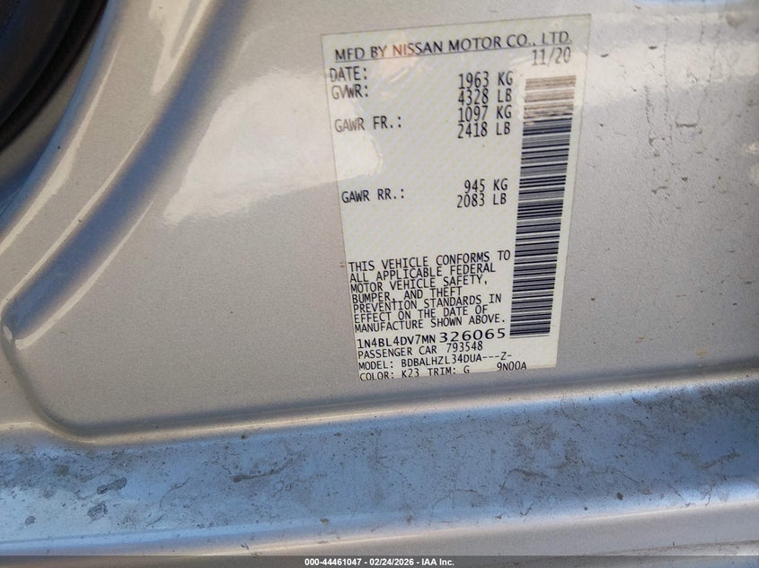 VIN 1N4BL4DV7MN326065 2021 NISSAN ALTIMA SV FWD