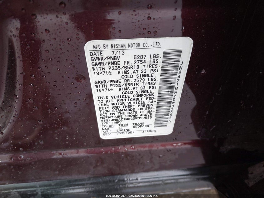 2013 Nissan Murano Sv VIN: JN8AZ1MW2DW320555 Lot: 44461207