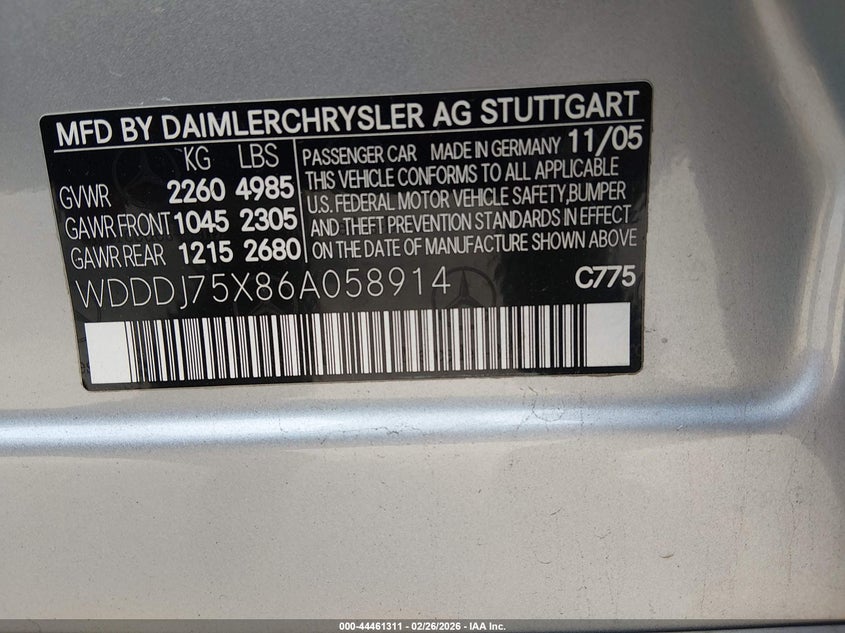 2006 Mercedes-Benz Cls 500 VIN: WDDDJ75X86A058914 Lot: 44461311