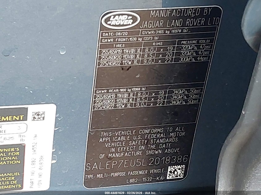 2020 Land Rover Defender 110 Se VIN: SALEP7EU5L2018386 Lot: 44461629