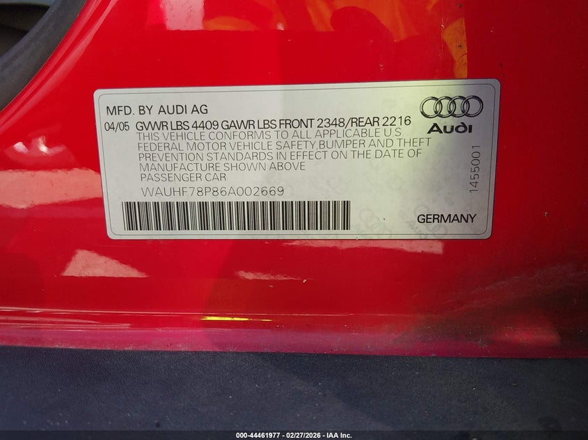2006 Audi A3 2.0T VIN: WAUHF78P86A002669 Lot: 44461977