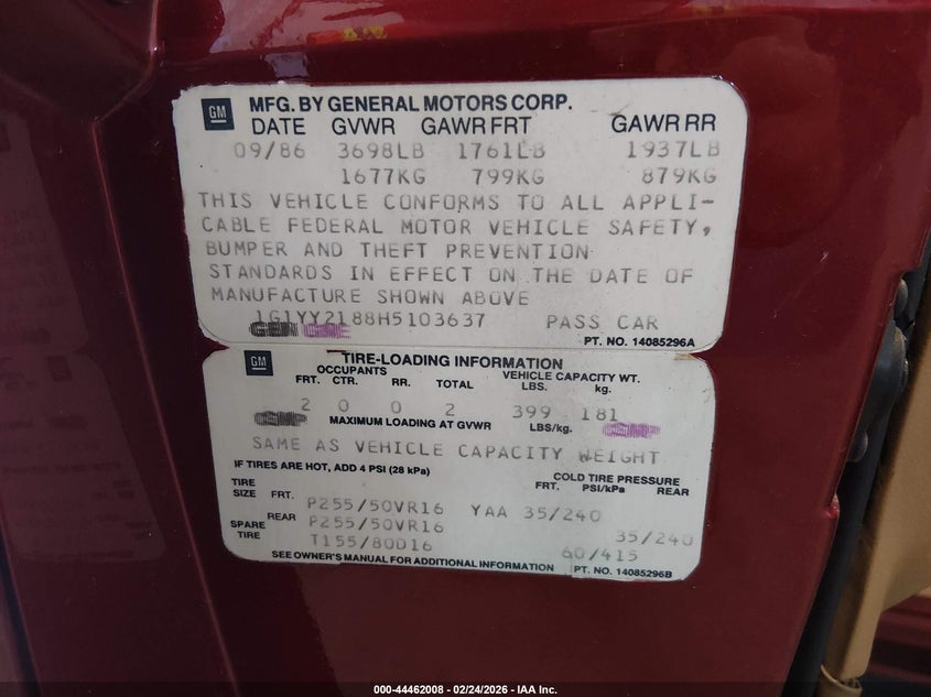 1987 Chevrolet Corvette VIN: 1G1YY2188H5I03637 Lot: 44462008