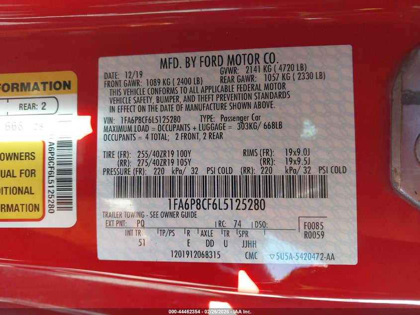 2020 Ford Mustang 5.0 Gt Premium Fastback red Lot 111044462354 Vin 1FA6P8CF6L5125280