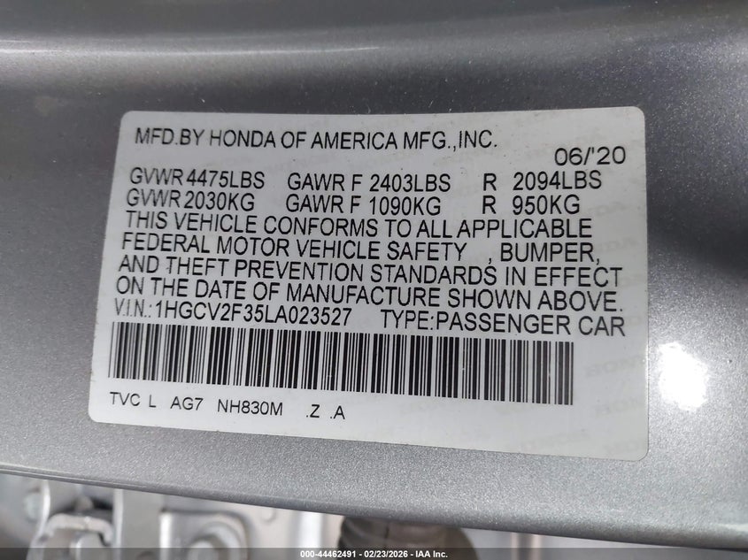VIN 1HGCV2F35LA023527 2020 HONDA ACCORD SPORT 2.0T